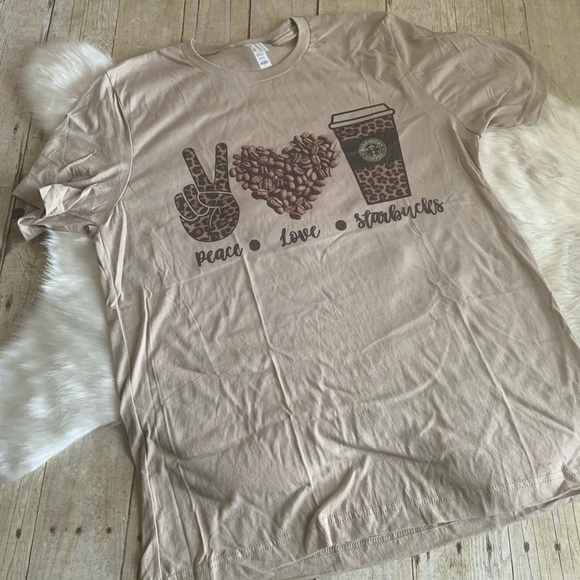 PEACE LOVE STAR ☕️BUCKS Coffee Custom Graphic T-Shirt - Picture 2 of 5